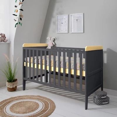 Image of Tutti Bambini Rio Baby Cot Bed with Top Changer 2 in 1 Crib &amp; Toddler Bed, Adjustable Base, Cot, Birth to 6 Years, Newborn Essentials, Oak Slate Grey (140 cm x 70 cm)