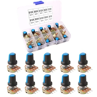 Image of QitinDasen 10Pcs Premium Linear Rotary Taper Potentiometer, Adjustable 3 Terminal with Knob Cap and Washer (5 Value: B10K, B50K, B100K, B500K, B1M Ohm)