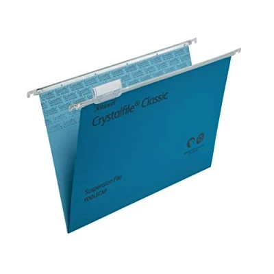 Image of Rexel Foolscap Suspension Files with Tabs and Inserts for Filing Cabinets, 15 mm V base, 100 Percent Recycled Manilla, Blue, Crystalfile Classic, Pack of 50, 78143