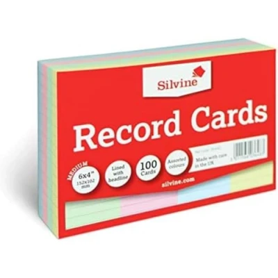 Image of Silvine A6 Multi Coloured Record Cards Lined with Headline, 100 Per Pack (Size 6x4&quot;), 564AC