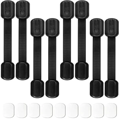 Image of 8 Pack Black Child Safety Locks, SACONELL Baby Proof Cabinets Latches with No Trapped Fingers for Cupboard/Drawers/Closet/Toilet Seat/Oven and Fridge, Free 9 Extra 3M Adhesive Pads