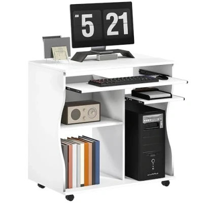 Image of HOMCOM Computer Desk with Sliding Keyboard Tray, Mobile Home Office Desk, Study Table Storage Shelves, PC on Wheels, White