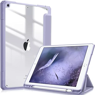 Image of FINTIE Hybrid Case Compatible with iPad 9th / 8th 7th Generation (2021/2020/2019 Release) 10.2 inch Shockproof Cover Clear Back Shell w/Pencil Holder, Auto Wake/Sleep, Lilac Purple