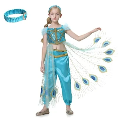 Image of Lito Angels Arabian Princess Jasmine Costume with Headband Fancy Dress Up Belly Dance Wear Top and Pants Set for Kids Girls Age 6 7 Years, G