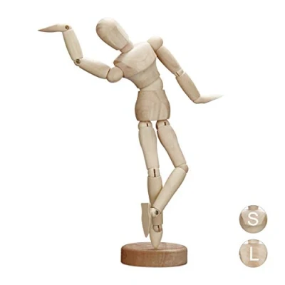 Image of Relaxdays Wooden Artists’ Mannequin for Drawing and Crafting, Articulate with Stand, Model, 21.5 cm Tall, Natural, Brown, x 5.8 5.5