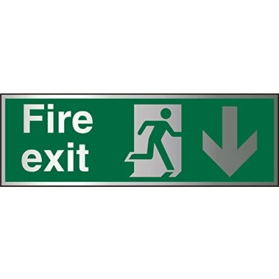 Image of Seco Fire Exit Exit, Man Running Right, Arrow Pointing Down Sign, 450mm x 150mm 1.5mm Brushed Aluminium Composite