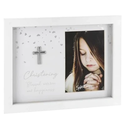 Image of Shudehill Giftware Sentiment Sparkle Christening 6x4 White Photo Frame Blessed With Love and Happiness Themed Gift Idea