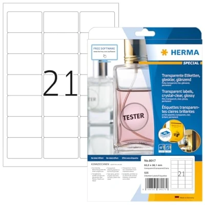 Image of HERMA Self Adhesive Clear Film Labels, 21 Labels per A4 Sheet, 25 Sheets, 63.5 x 38.1 mm, 525 Blank Weatherproof Stickers, Sticky for Laser &amp; Inkjet Printer, Transparent
