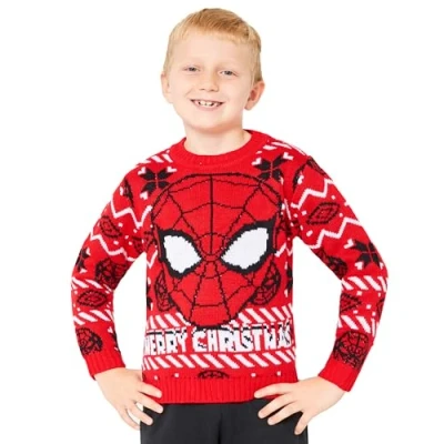 Image of Marvel Spiderman Boys Knitted Christmas Jumper, Cosy Festive Xmas Sweater Gifts for (Red, 4 5 Years)