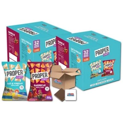Image of Proper Chips Gluten Free Lentil Crisps Multipack Pack of 2 x 32 Vegan BBQ &amp; Salt Vinegar Low Calorie Snack Box Healthy Snacks for Kids Lunch Box, Birthday Party Food, Movie Night Boxed Treatz