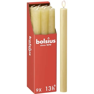 Image of Bolsius Tapered Dinner Pillar Candles Beige Pack of 9 Long Burning Time 13 Hours Household Candle Interior Decoration Unscented Includes Natural Vegan Wax 27 x 2.3 cm
