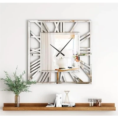 Image of Biznest Full Mirrored Square Wall Clock Large Roman NumeralClock Silver Finish Modern Home Decorative Mount (40x40Cm)