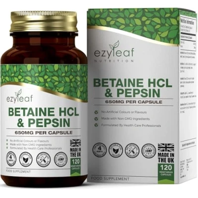 Image of Ezyleaf Betaine HCL with Pepsin 680mg 120 Vegan Capsules Hydrochloride Digestive Enzyme Supplements No Artificial Ingredients ISO Certified, Gluten Free Non GMO UK Made