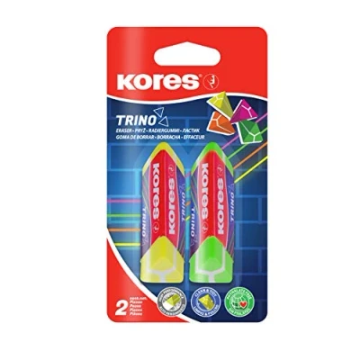 Image of Kores Neon PVC Erasers Trino Ergonomic with Paper Sleeve 60 x 20 18mm School Supplies, Rubbers Erasers, Cute Stationary, Office Supplies Pack of 2 in Assorted Colours