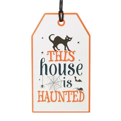 Image of Heaven Sends Metal Haunted House Hanging Sign White/Orange 30cm x 18cm Halloween Decoration Themed Décor Prop Scary Perfect for Home, Kitchen, Living Room