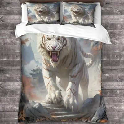 Image of REIPOL Cool White Tiger Duvet Cover with Pillowcases Bedding Cartoon Animals Comforter Set 3 Piece for Kids Girls Teens 3D Print Quilt Zipper Closure Soft Microfiber King（220x240cm）