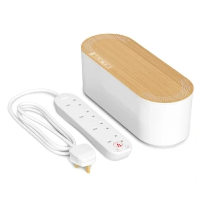 Image of D Line Cable Tidy Box with 4 socket 2m Extension Lead 13amp Surge Protected, Management Solution, TV Wire Tidy, Desk Organiser Small, Wood Lid