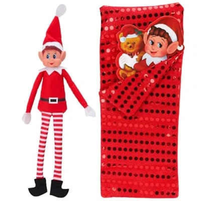 Image of SKYTE Christmas Elf Sleeping Bag With Pillow Novelty Cover Accessory Fit for Shelf Night Sleep Props Stock On Ideas Kit Games Clothes Dolls (Sequin Design), Red, One Size