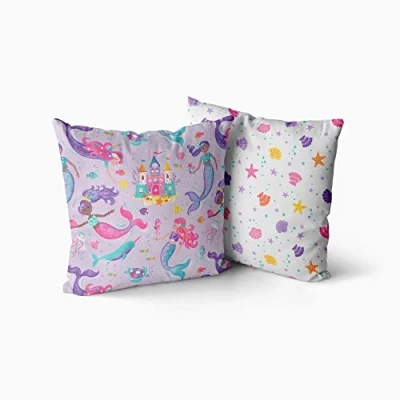 Image of Happy Linen Company Girls Kids Magical Mermaids Lilac Purple Square 43cm x Reversible Cushion Covers