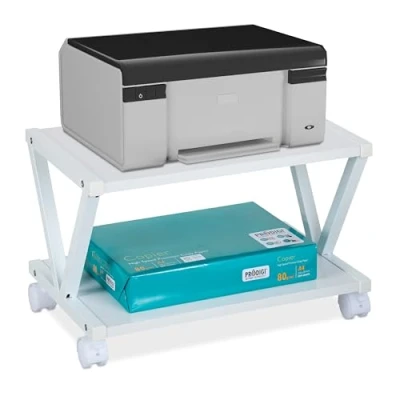Image of Relaxdays Printer Stand for Desk, 2 Levels, Wheels, Office Shelf, Spare Paper, Storage, HxWxD: 28 x 44 28.5 cm, White, Fibreboard