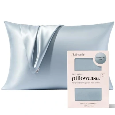Image of Kitsch Satin Pillowcase with Zipper, Softer Than Real Silk Pillow Cases, Standard Size 19x26 Inches, Breathable Smooth Cooling Covers for Hair 600 Thread Count (Haze Blue, Queen, 1 Pc)