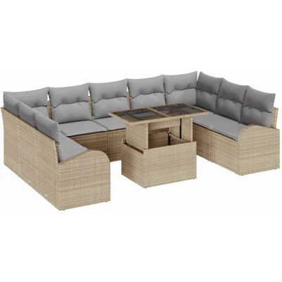 Image of vidaXL 10 Piece Garden Sofa Set with Cushions Beige Poly Rattan