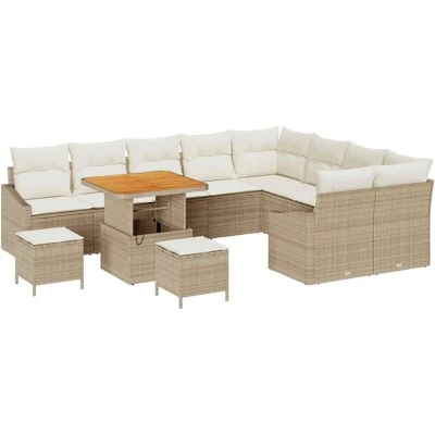 Image of 12 Piece Garden Sofa Set with Cushions Beige Poly Rattan Acacia Vidaxl