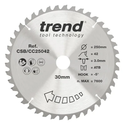 Image of Trend Wood Mitre Saw Blade, 250mm Diameter, 30mm Bore, 42 Teeth, TCT, 3mm Kerf, 5 Hook, CSB/CC25042