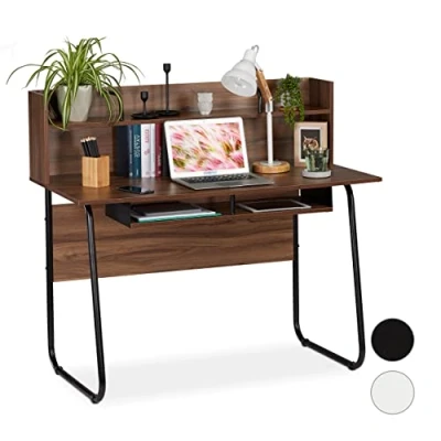 Image of Relaxdays Desk With Shelving Above &amp; Below, Cable Hole, H x W D: 109 120 60 cm, Wood/Black