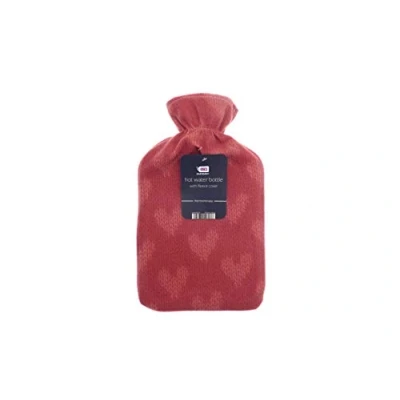 Image of Fleece hot Water Bottles 2litre Multiple Designs Easy Removable Cover Soft and Cosy (Pink White Hearts)