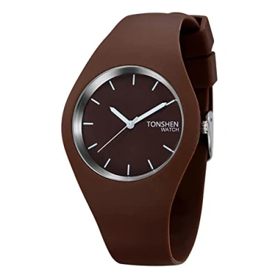 Image of TONSHEN Simple Fashion Analog Quartz Watch Rubber Band Casual Style Wrist Watches for Women Girl 12 Colours (Brown)