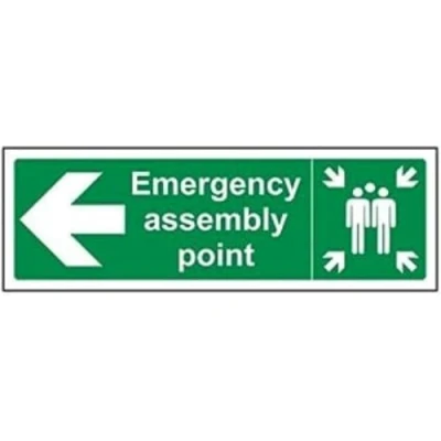 Image of VSafety Emergency Assembly Point Arrow Left Sign Landscape 300mm x 100mm 1mm Rigid Plastic