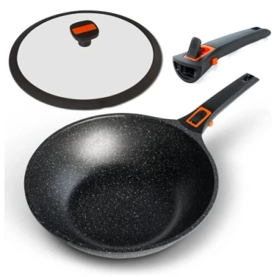 Image of Pep Induction Wok Non Stick with Lid and Detachable Handle Compatible Also Works on Gas Electric Hobs 29cm