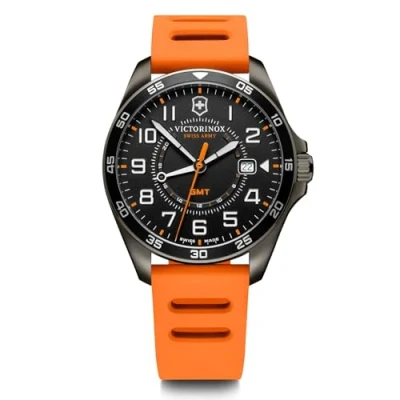 Image of Victorinox Men’s Watch Fieldforce Sport GMT Ø 42 mm, Swiss Made, Analogue Quartz, Water Resistant up to 100 m, Rubber Strap, Black/Orange