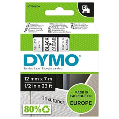 Image of DYMO Authentic D1 Labels Black Print on Clear Tape 12 mm x 7 m Self Adhesive for LabelManager Label Makers Made in Europe