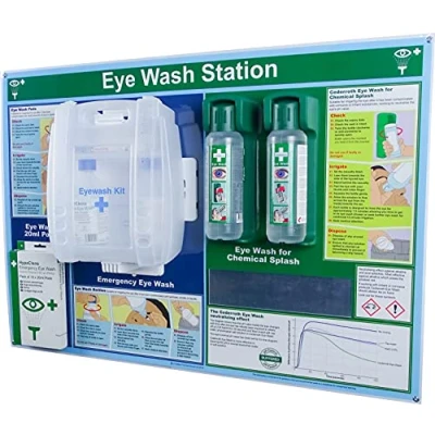 Image of Safety First Aid Group HypaClens 3 in 1 Eye Wash Station with Sterile Bottles, Pods, Dressings, Mirror and Essential Information Backboard