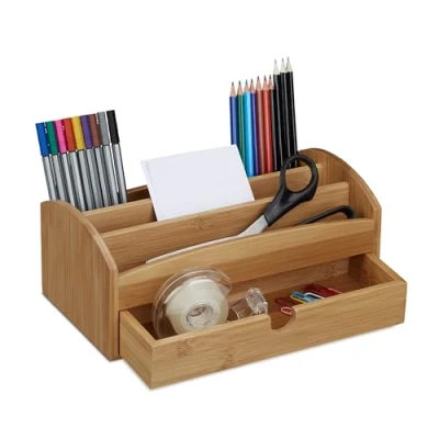 Image of Relaxdays Bamboo Desk Caddy, 4 Compartments &amp; 1 Drawer, Natural Brown, Cottage Style, 11 x 27.5 15 cm