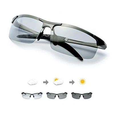 Image of Men&#039;s Photochromic Polarized Sunglasses for Driving, Rectangular Frame with 100% UV Protection (Gun(sports)/Discolor)(Size:M)