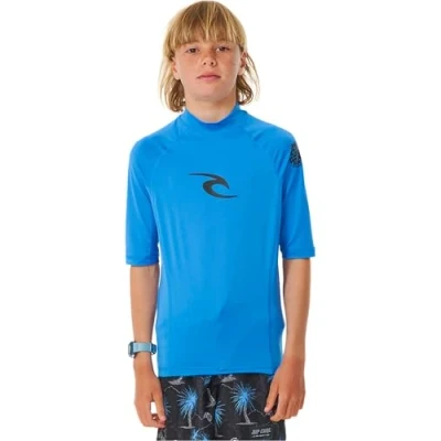 Image of RIP CURL Boys Brand Wave Short Sleeve Rash Vest Top Blue Gum UV Sun Protection and SPF Properties
