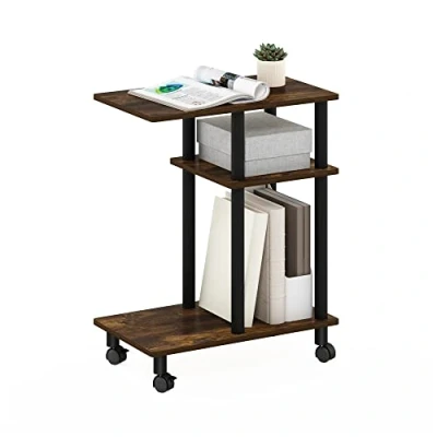 Image of Furinno Turn N Tube U Shape Sofa Side Table with Casters, Amber Pine/Black