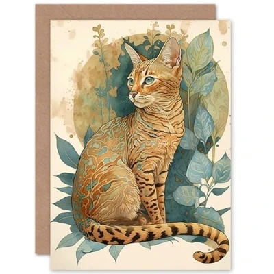Image of Artery8 Ocicat Cat with Colourful Pattern Fur Coat Modern Watercolour Illustration Art Birthday Sealed Greeting Card Plus Envelope Blank inside