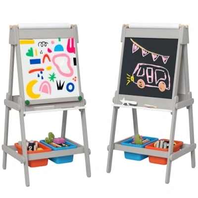 Image of AIYAPLAY Art Easel for Kids with Paper Roll, Double Sided Painting Chalk Board, White Eraser, Storage Boxes