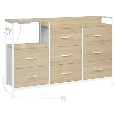 Image of WOLTU Chest of 8 Drawers, Drawers Dresser with Charging Station, Fabric Drawer Unit for Bedroom, Playroom, Closet, Living Room, Light Oak Effect+White, Metal Frame, E1 Engineered Wood, SSK007whe UK