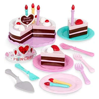 Image of Play Circle by Battat, Princess Birthday Party Set, Pretend Tiara, Candles, Plates, Forks, and Chocolate Cake Topped with Strawberries, Food Toys for Kids Ages 3 Up