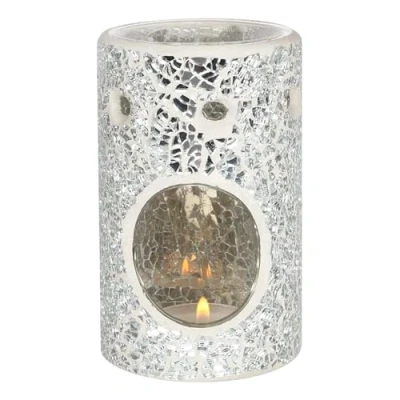Image of Tech Island Wax Melt Burner, Silver Crackle Glass Design Oil Round Tea light, for Room Décor, Ornaments, Made with (Silver Pillar)