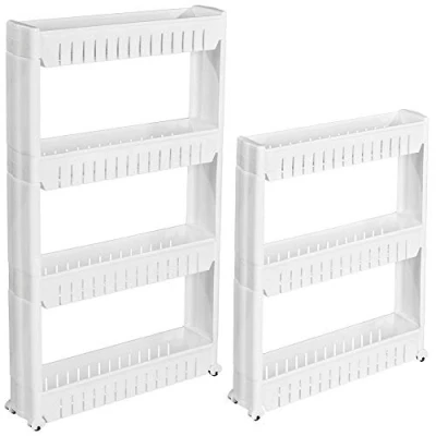 Image of HYGRAD® Slide Out Storage Tower Folding 3/4 Tier Rolling Castor Kitchen Bathroom Trolley Rack UK (White, 3 Tier)
