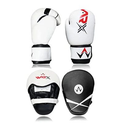 Image of WARX Boxing Gloves and Pads set Focus Punch Mitts MMA Training Sparring Hook Jab strike target with Punching (White, 8oz)