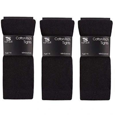 Image of Girls Childrens 3 Pairs Plain Tights Back To School Everyday Cotton Rich Leggings Black 13
