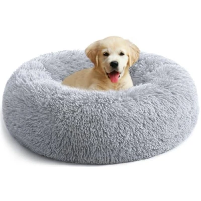 Image of YOJOGEE Calming Donut Dog Bed for Medium Small Dogs Cats, Fluffy Anti Anxiety Beds Washable Puppy Non Slip Plush Cuddler Warming Round Faux Fur Pet