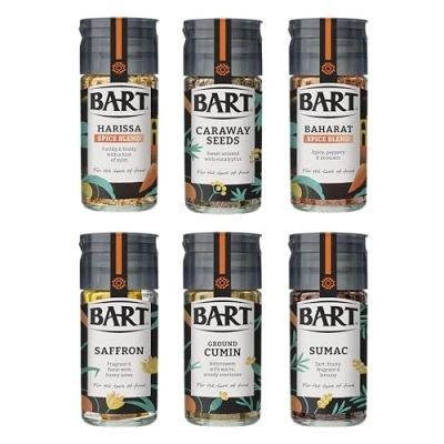 Image of BART Middle Eastern Spice Collection Sumac, Caraway Seeds, Saffron, Baharat Blend, Harissa Ground Cumin Ideal for Cooking (6 Jar Bulk Buy Set)